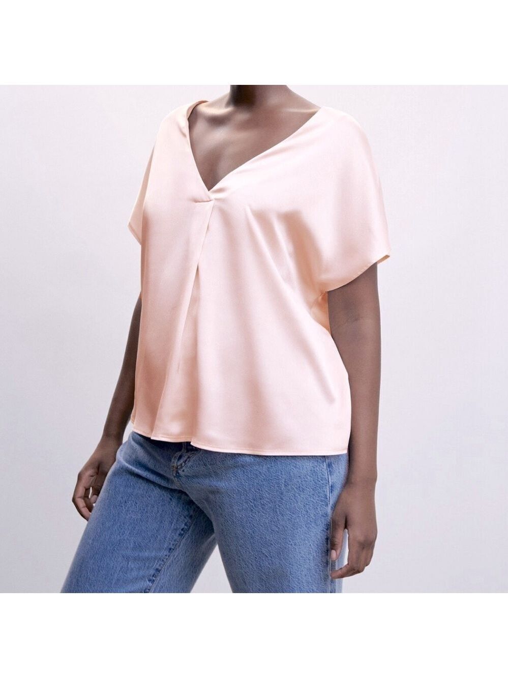 Mango MNG Satin V-Neck Blouse Pastel Pink  Cossover Style Short Sleeves Sz Large